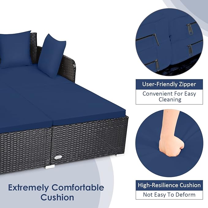 RELAX4LIFE Rattan Patio Outdoor Daybed, Wicker 2-Person Sunbed Loveseat with Soft Cushions, 4 Pillows, Curved Backrest & Armrest, Double Bed Lounger Sofa Set for Balcony Porch, Patio Bed (Navy) RELAX4LIFE