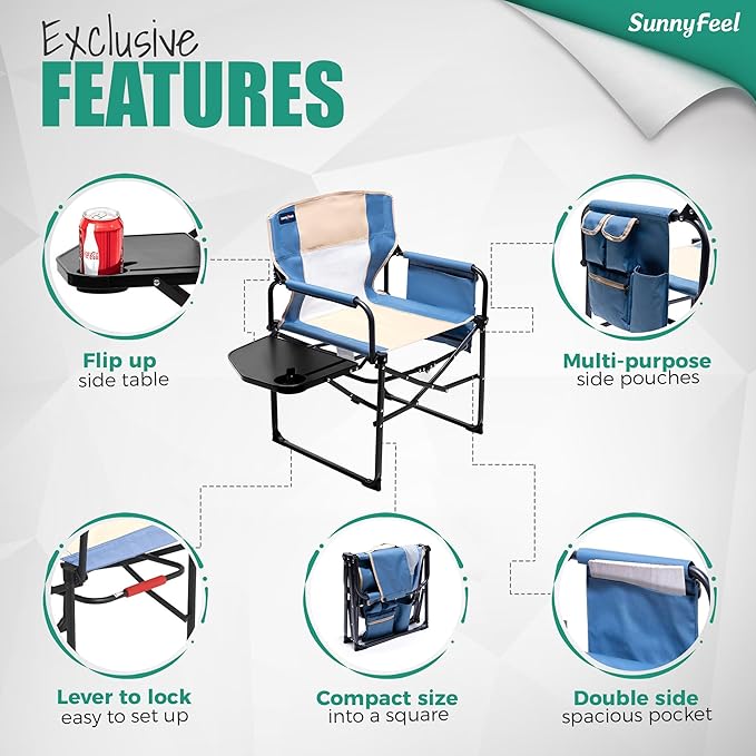 SUNNYFEEL Camping Directors Chair, Heavy Duty,Oversized Portable Folding Chair with Side Table, Pocket for Beach, Fishing,Trip,Picnic,Lawn,Concert Outdoor Foldable Camp Chairs SunnyFeelCamping