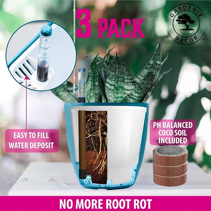GARDENIX DECOR Self Watering Pots for Indoor Plants 3 Pack - Flower Pot with Water Level Indicator for Plants, Grow Tracking Tool - Self Watering Planter Plant Pot - Coco Coir - Teal Rootora