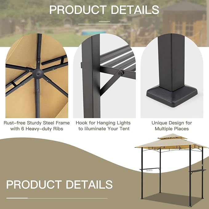 AECOJOY 8' x 5' Outdoor Grill Gazebo Canopy, BBQ Canopy for Outdoor Grill, 2- Tier BBQ Gazebo Shelter for Patio, Backyard and More (Beige) AECOJOY