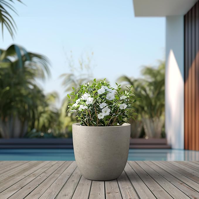 Kante 18 Inch Diameter Round Concrete Planter, Indoor Outdoor Large Plant Pot with Drainage Hole and Rubber Plug for Home Patio Garden, Buff Concrete Kante
