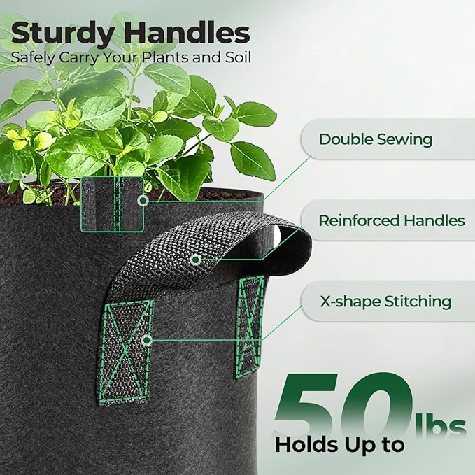 T4U 3 Gallon Grow Bags, Upgrade Grow Bags with Handles, Heavy Duty Thickened Nonwoven Fabric Pots, 3 Gallon Pots for Plants, Rosemary, Chamomile, Onion (5 Pack) T4U