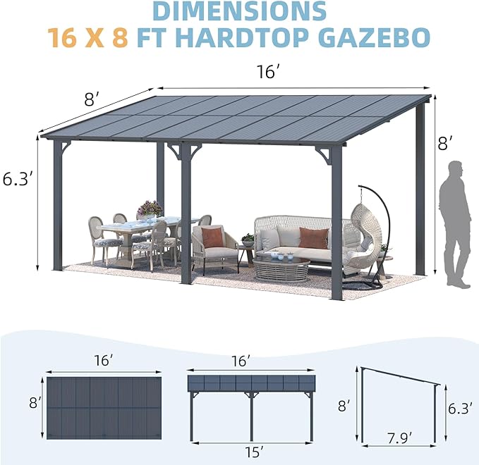 AECOJOY 16' x 8' Gazebo Outdoor Pergola for Patio, 8x16 Hard Top Lean to Gazebo Shelter Pergolas and Gazebos Clearance with Patio Roof, Large Wall-Mounted Heavy Duty Awnings for Decks, Backyard AECOJOY