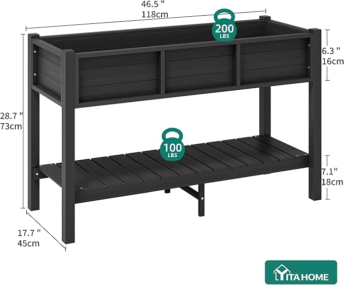 YITAHOME 48x18x30in Raised Garden Bed HDPE, Weather-Resistant Poly Lumber Planter Box with Legs & Storage Shelf, Elevated Garden Bed for Yard, Garden, Balcony - Black YITAHOME