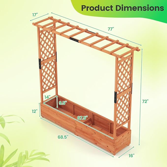 Giantex Set of 2 Raised Garden Bed with Trellis & Hanging Roof, Wood Planter Box with Bottom and Drainage Holes, Freestanding Garden Planter for Flower Vegetable Fruit Herb Climbing Vines, 77"x17"x72" Giantex