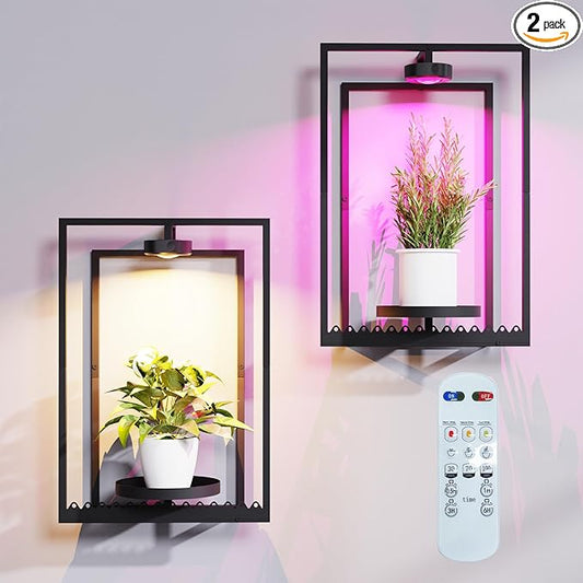 Shineled Wall Plant Holder, Indoor Plants Holders with Remote Grow Lights, Plant Shelves Hanging Planters, Framed Plants Holder for Living Room, 2 Pack Shineled