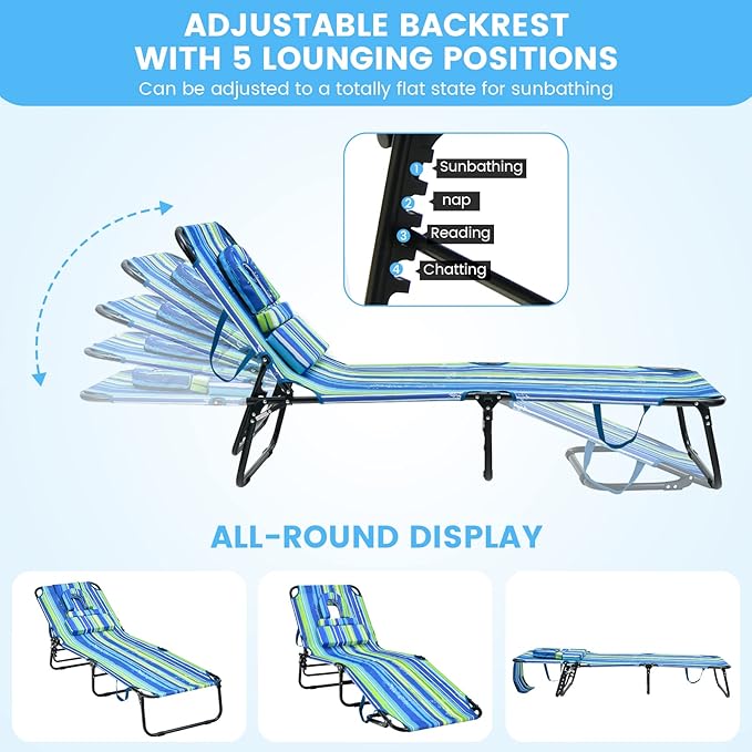 GYMAX Tanning Chair, 350lbs Beach Lounge Chair with Face Hole, Washable Pillow & Carry Strap, Adjustable Folding Chaise Lounge, Layout Lounger for Outside, Patio, Poolside, Lawn (2, Stripe) GYMAX
