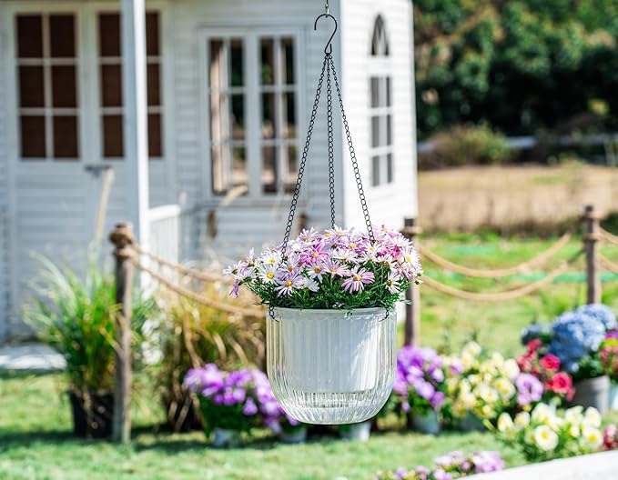 Melphoe Self Watering Hanging Planters for Indoor Plants, 1 Pack 8.3 Inch Outdoor Hanging Plant Pot Basket, 2 Kinds of Hangers Macrame 35.5’’ & Metal Chain 19.6’’ for Garden Home Decor Melphoe