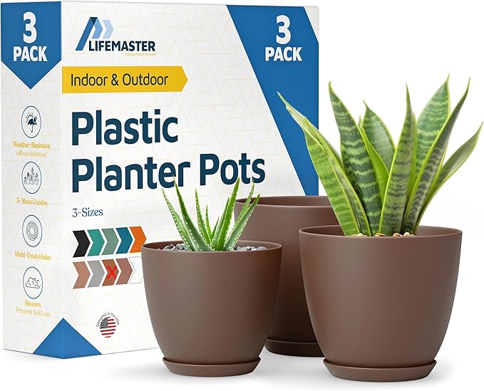Brown Plant Pots with Drainage Holes & Saucers 3 Pack, Indoor & Outdoor Stackable Space-Saving Planters for Houseplants & Flowers, (7", 6.7", and 6" Inches), Durable & Weatherproof Materials LIFEMASTER