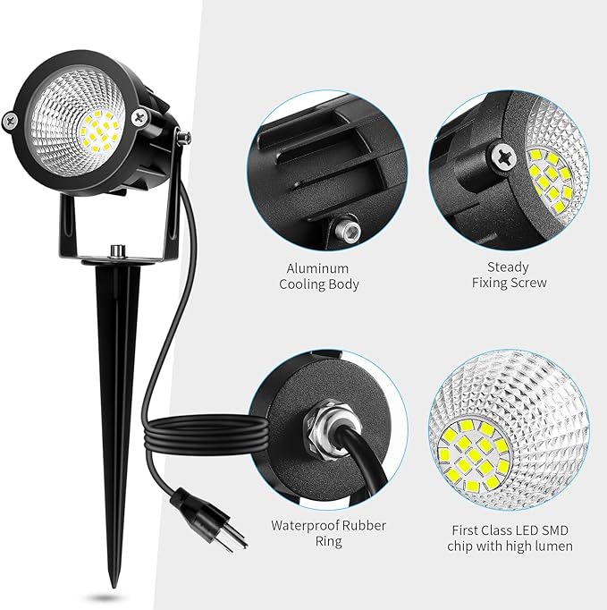 Outdoor Spotlight Cool White 6000K, 10W LED Spot Lights Outdoor for Yard Garden Tree, 120V Plug in Landscape Lighting with IP65 Waterproof for Halloween Christmas Decor, 4 Pack REEGOLD