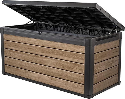 Keter Signature Collection 150 Gallon Resin Deck Box Organization and Storage Box for Patio Outdoor Cushions, Throw Pillows, Garden Tools and Pool Supplies, Ashwood Keter