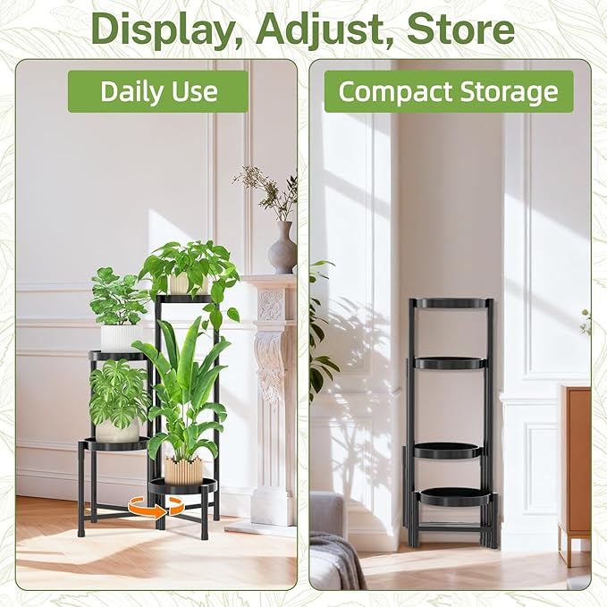 iDavosic.ly Plant Stand Indoor Outdoor, 4 Tier Corner Metal Flower Display Holder Shelf, Easy Assembly Folding Tall Orchid Rack for Patio Balcony Porch Garden Living Room House, Black iDavosicly