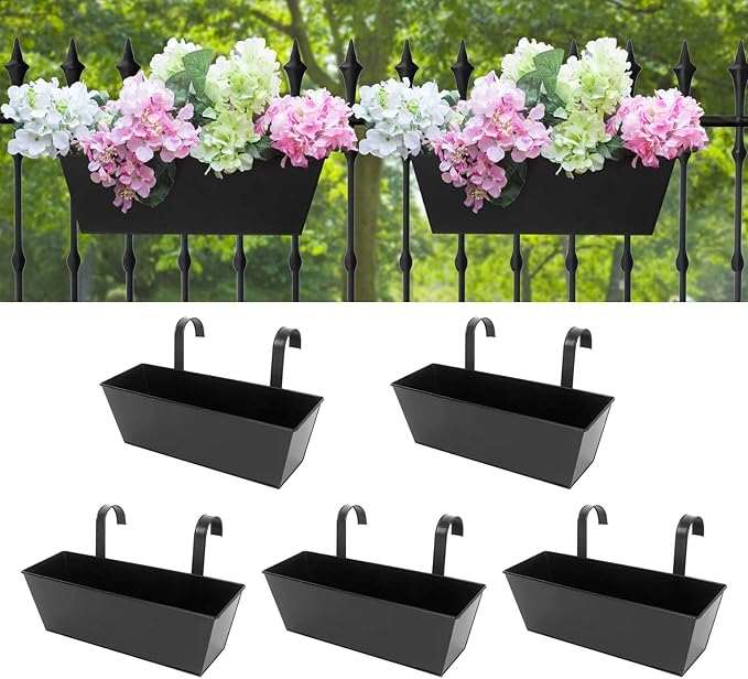 Railing Planters Outdoor Balcony 16 Inch Deck Over The Railing Planter Boxes Hanging Planters for Fence Flower 5 Pcs (Black) Holensun