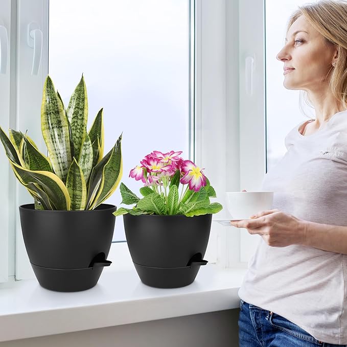 Plant Pots 12/10/9 Inch Self Watering Pots, Set of 3 Plastic Planters with Drainage Holes and Saucers,Plastic Flower Pots,Nursery Planting Pot for Indoor Out Door Plants(Pure Black) QRRICA