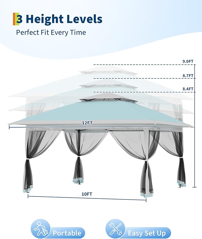 Canopy Tent 12x12 ft, Pop Up Gazebo One-Push Setup with 4 SandBags for Backyard Parties and BBQs, Mosquito Netting & Height Adjustable - Lake Blue GarveeLife