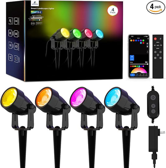 APPECK Landscape Lighting, RGBW Color Changing Low Voltage Landscape Lights with APP Control, IP65 Waterproof Outdoor Spotlights for Garden Yard Outside Decoration, 4 Pack APPECK
