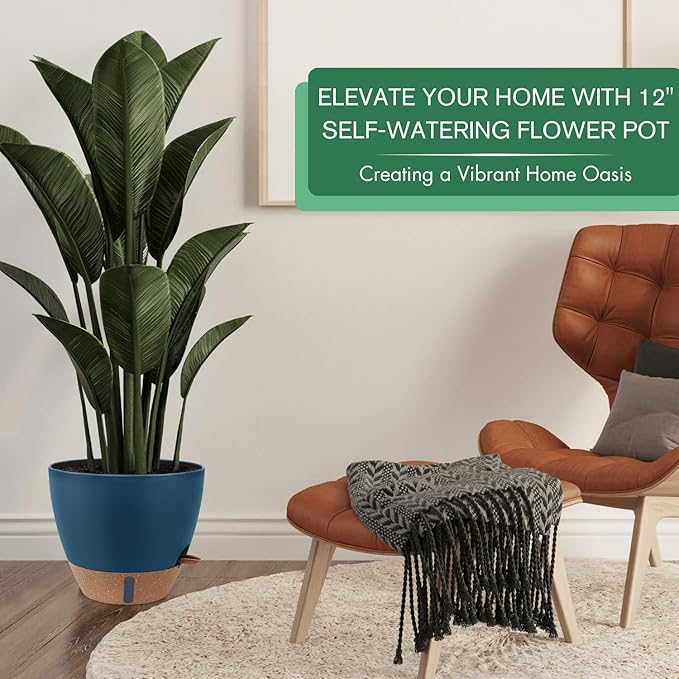 8/10/12 Inch Large Self Watering Pots for Indoor Plants Plastic Plant Pot for Outdoor Plants, Water Level Window & Spacious Reservoir Flower Pots Decorative Planter with Drainage and Tray (Blue) Montresor