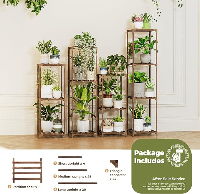 Bamworld 4 Sets Tall Plant Stands Indoor Outdoor Combo Plant Shelves Wooden Plant Holder Rack for Multiple Plants Flower Stands for Living Room Balcony Garden Patio Lawn Window Bamworld
