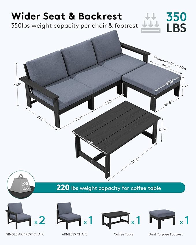 SERWALL Outdoor Sectional Sofa Set, 5-piece Outdoor Modula Couch Set with Ottoman, All Weather Patio Furniture Set with Chaise for Deck, Lawn, Black Frame with Gray Cushion SERWALL