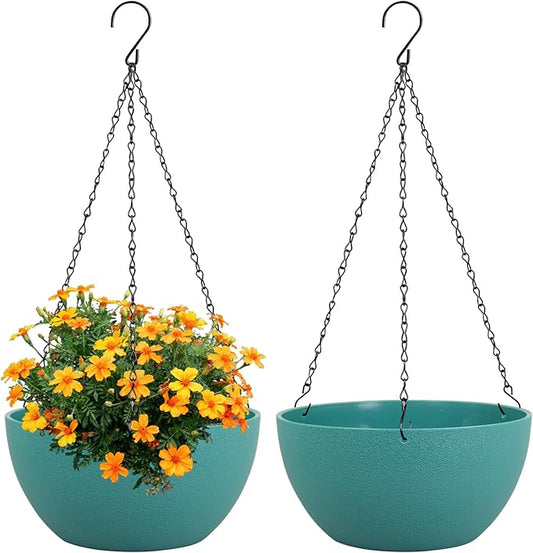 10 inch Hanging Planters for Indoor Outdoor Plants, 2 Pack Hanging Flower Pots with Drainage Holes and Chain for Garden Porch, Plastic Hanging Baskets for House Plants, Blue Green Meowell