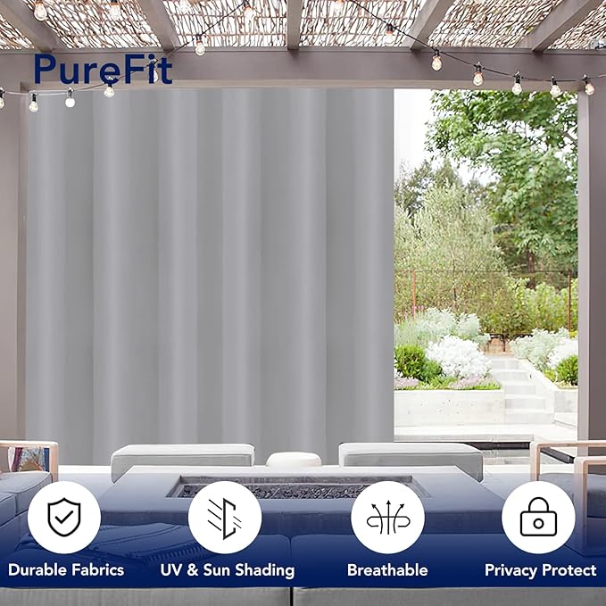 PureFit Outdoor Curtains for Patio Waterproof Weatherproof, UV Resistant Outside Curtains for Gazebo, Front Porch, Pergola, Sun Blocking Privacy Curtain, 100W x 108L inch, 1 Panel, Light Gray PureFit