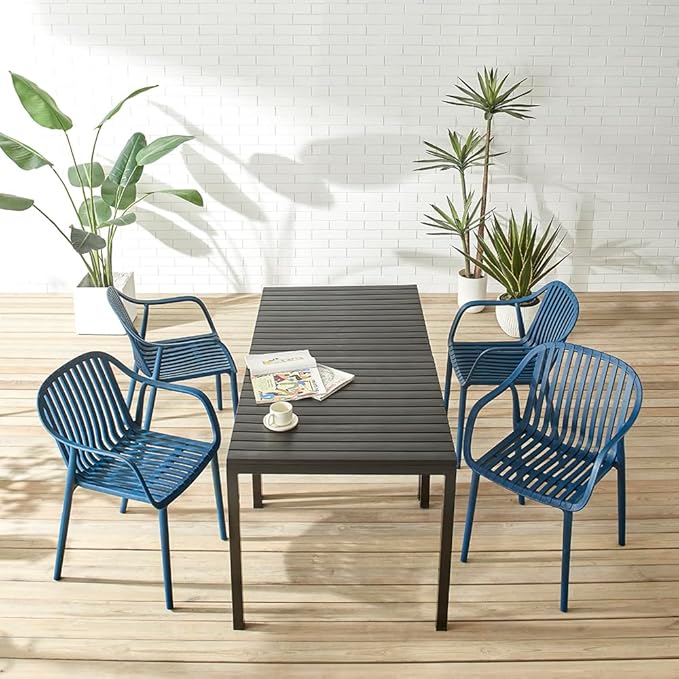 Modern Stackable Outdoor & Indoor Plastic Dining Chairs Set, Armchairs Set, Weather-Resistant, Ideal for Patios, Cafes, and Home Use, Set of 4 (Blue) XDECO