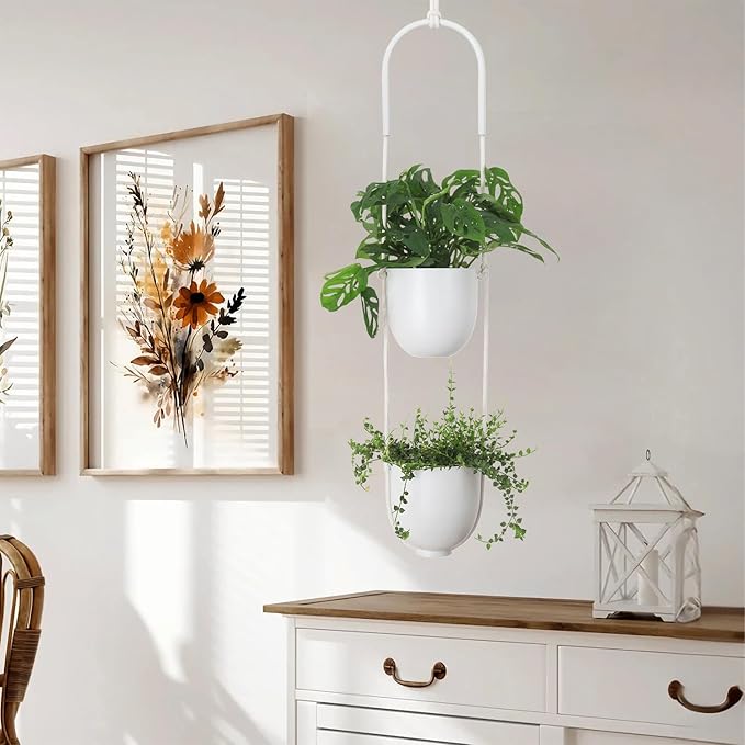 Hanging Planters 2 Tiers Metal Plant Hangers for Indoor Outdoor Plants Wall Ceiling Hanging Flower Pot Basket Holders Kitchen Room Decor(White) ABETREE