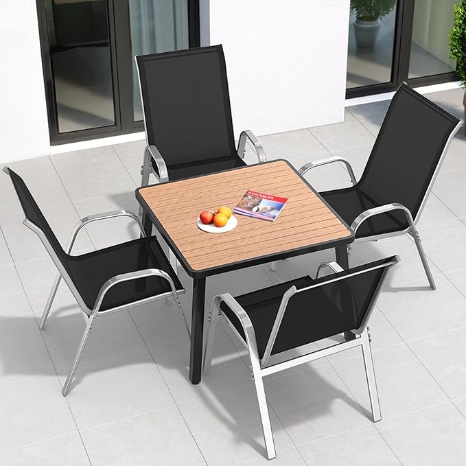 Patio Chairs Set of 4, Easily Set Up Stackable Outdoor Dining Chairs with High Back and Wide Seat, All Weather Breathable Outdoor Chairs Set of 4 with Metal Frame for Backyard Deck Pool, Black Dovov