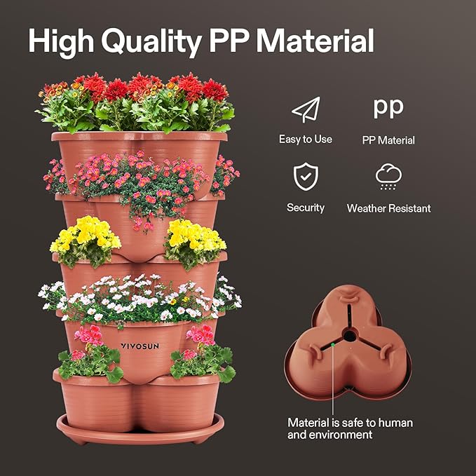 VIVOSUN 5 Tier Vertical Gardening Stackable Planter for Strawberries, Flowers, Herbs, Vegetables, Brown VIVOSUN