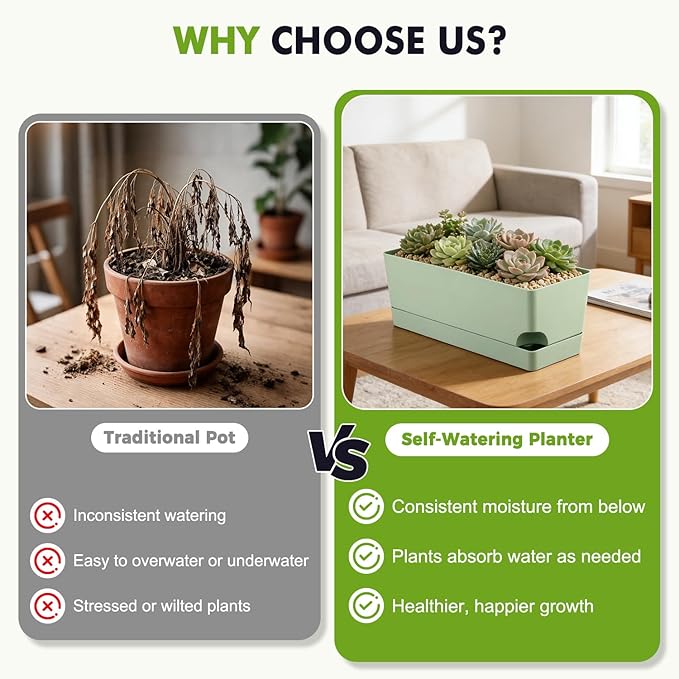 4 Pack Self Watering Pots for Indoor Plants 17 Inches Window Boxes Planters Rectangular Flower Pots Rectangle Herb Pots Large Plant Pots with Drainage Holes and Saucers Windowsill Planter, Green KvyusFlourish