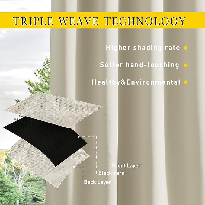 NICETOWN 2 Panels Outdoor Curtains for Patio Waterproof & Windproof, Thermal Insulated Top & Bottom Grommet & Back Tab Sun Blocking Outdoor Drapes with Fixed Rope for Gazebo, Beige, W66 x L90 NICETOWN