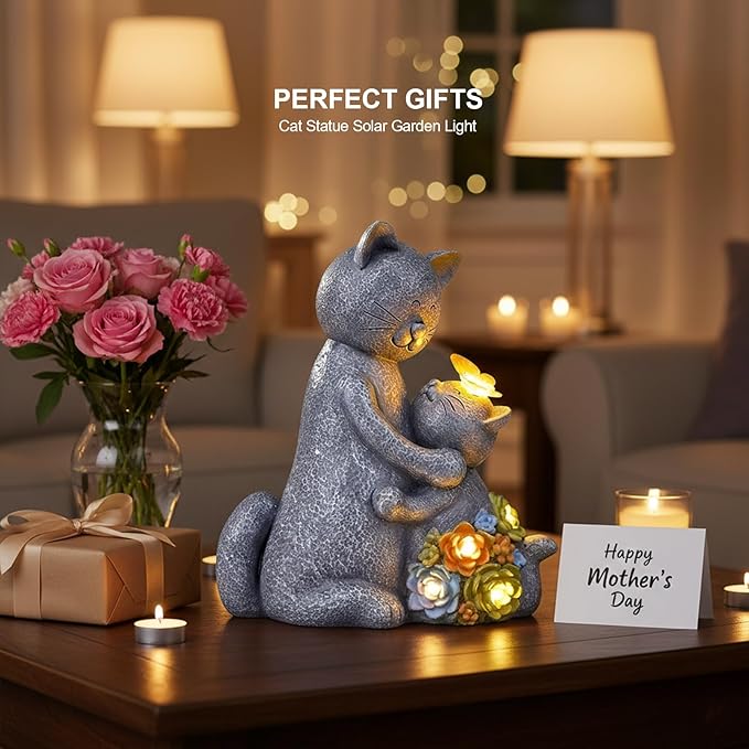 Solar Garden Statues Loving Cat Figurine Lights for Outside, Yard Decorations Outdoor, Garden Decor Unique Mothers Day Birthday Housewarming Gifts for Mom, Women, Lover Candieslife