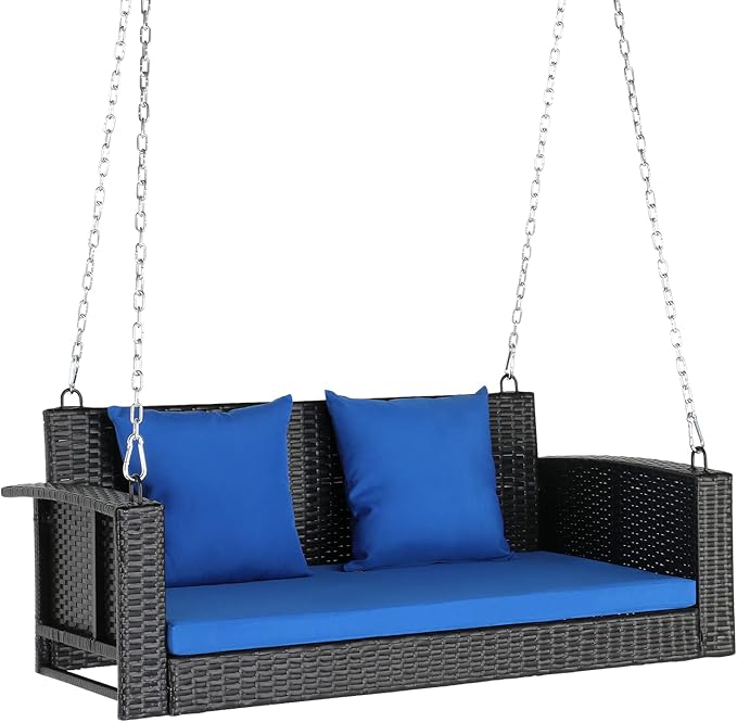 VINGLI Heavy Duty 800 LBS Wicker Hanging Porch Swing with Cushions & Chains, 4FT Outdoor Rattan Swing Bench for Garden, Yard, Lawn (Black+Blue) VINGLI