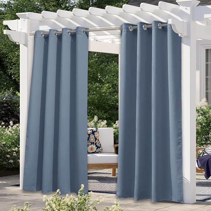 NICETOWN Patio Curtain for Outdoor Waterproof, Rustproof Ring Top Blackout Thermal Insulated Light/Heat/Sound Blocking Indoor Outdoor Drape for Gazebo, 1 Panel, W52 x L108, Stone Blue NICETOWN