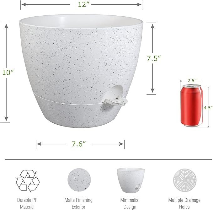 12inch 2Pack Large Self Watering Planters, Plastic Plant Pots with 60oZ Removable Deep Reservoir and Multi Mesh Drainage Holes for Indoor Outdoor Garden Plants and Flowers, White Speckles UOUZ