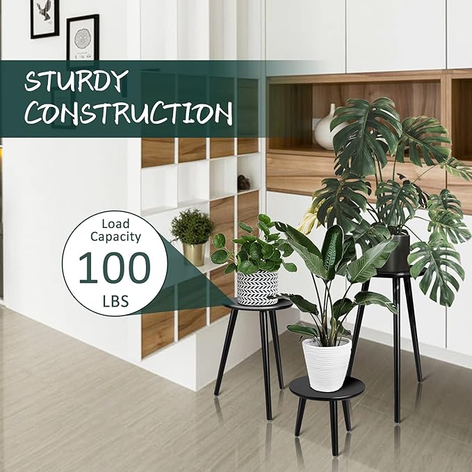 Uneedem Indoor Plant Stand Wood Mid Century Plant Stand for Indoor Plants, Modern Plant Table, 20.5" Tall Plant Holder Stand for Flower Pots, Small Round Side Table, Black Uneedem
