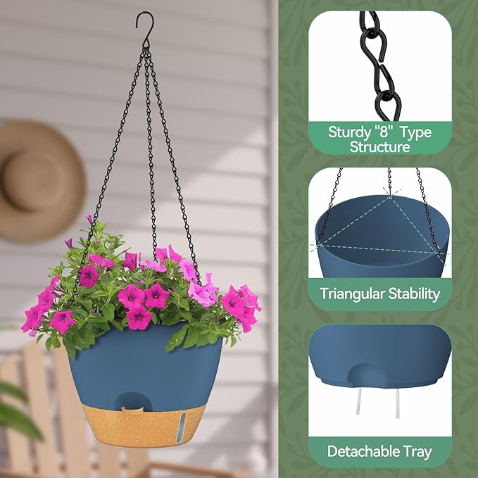 ZMTECH 12 Inch Hanging Planters for Indoor Plants & Outdoor - 2 Pack Self-Watering Hanging Pots with Drainage Holes, Visual Reservoir, Plastic Hanging Baskets Flower Pots with Removable Saucer, Blue HighQualityGardeningTools