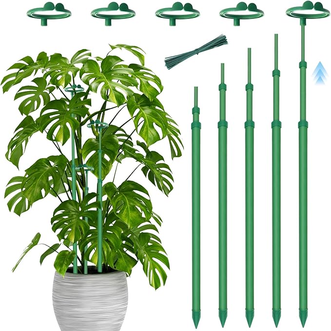 Telescoping Plant Stakes,5Pcs 17.9In to 42.3In Adjustable Monstera Plant Support Orchid Sticks with Clips, Plant Sticks Support Tall for Monstera,Orchids,Tomatoes,Vines & Indoor Outdoor Plants Stroller
