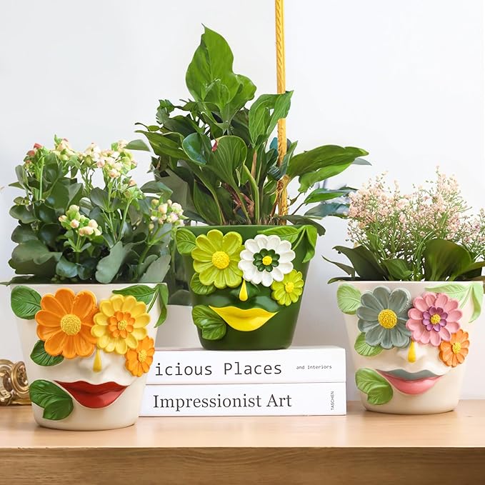 GUGUGO Abstract Face Flower Planters Colorful Unique Rainbow Head Planter with Drainage, Cute Flower Plant pot for Indoor Plants, Eclectic Succulent Gardening Pot for Home Décor (Orange&Yellow, 5Inch) GUGUGOHOMEDECOR