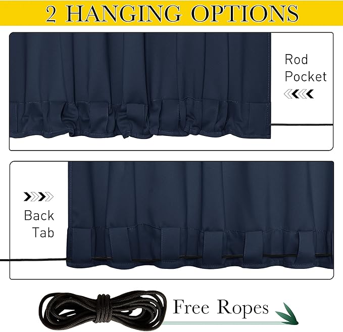 NICETOWN 2 Panels Outdoor Curtains Waterproof Extra Long 84" for Patio, Windproof Top & Bottom Grommet & Back Tab Weighted Blackout Outdoor drapes Keep Privacy with Rope for Fixed, 84" Wide, Navy Blue NICETOWN