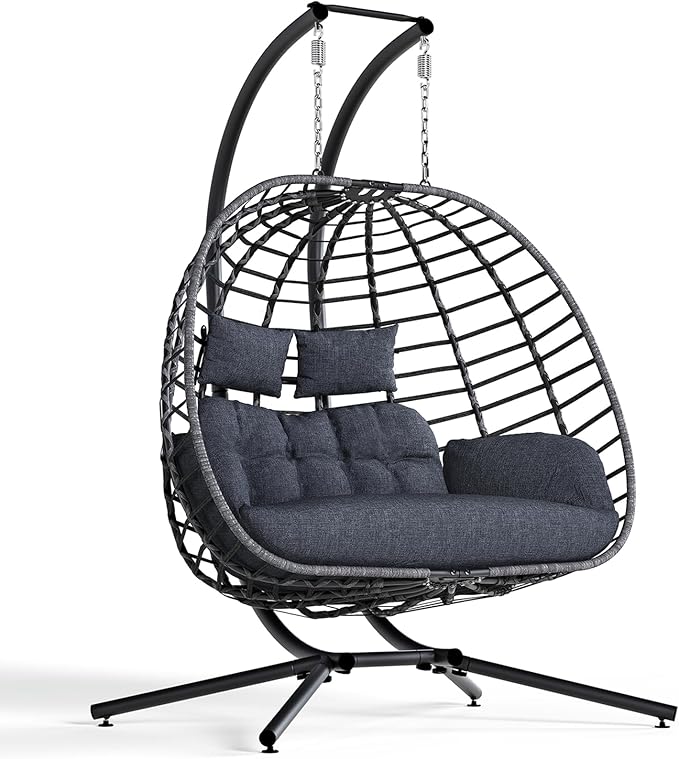 SWITTE Double Egg Swing Chair with Stand, Outdoor Patio 2 Person Hanging Wicker Hammock Chairs with Cushion for Indoor Bedroom, Lawn, Garden-Dark Grey SWITTE