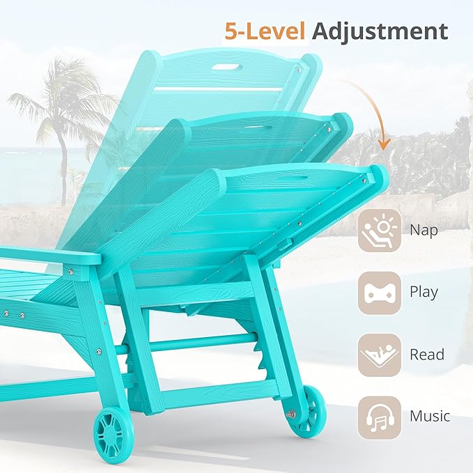 LUE BONA Outdoor Chaise Lounge Chairs Set of 4, 79'' Oversized HDPS Chaise Lounger, 5 Positions Adjustable Lounge Chairs, Pool Lounge Chair with Wheels for Poolside, 3 Year Warranty, Aruba Blue LUEBONA
