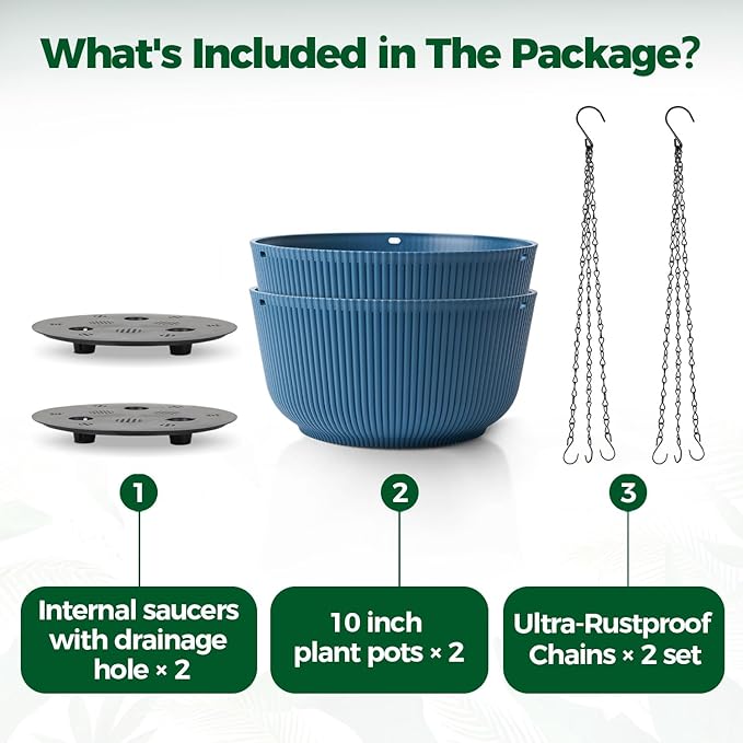 T4U 10 Inch Hanging Planters for Indoor Outdoor Plants, Hanging Baskets for Plants Pack of 2, Self Watering Hanging Pots with Drainage Hole for Garden Home Decor, Blue T4U