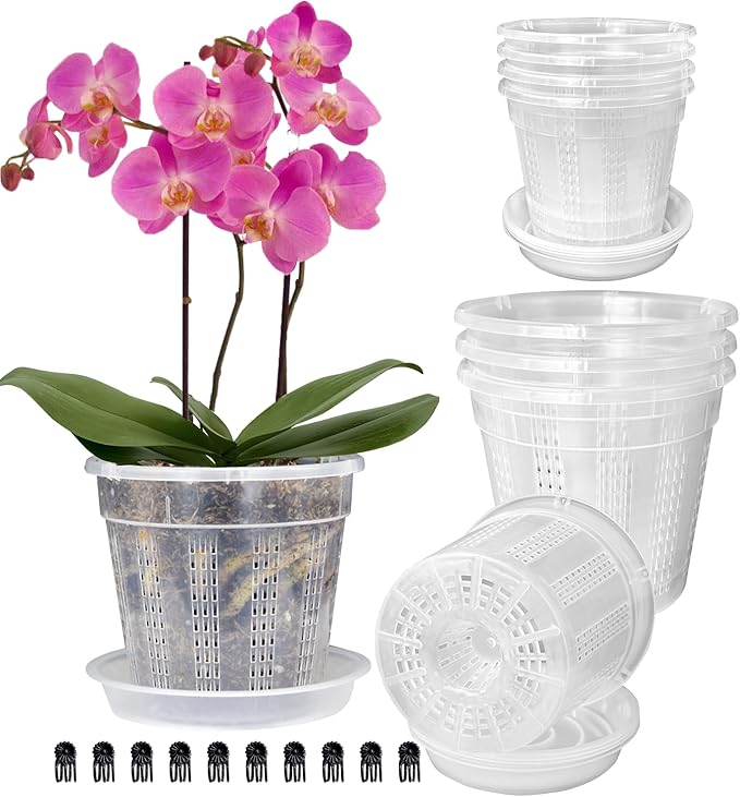 Orchid Pot with Saucers, 4 Each of 4.3",5.5" Orchid Pots with Holes, 8PcsClear Plastic Planter for Indoor Outdoor Plants (4 Each of 4.3,5.5" with Saucers) HOLANHING