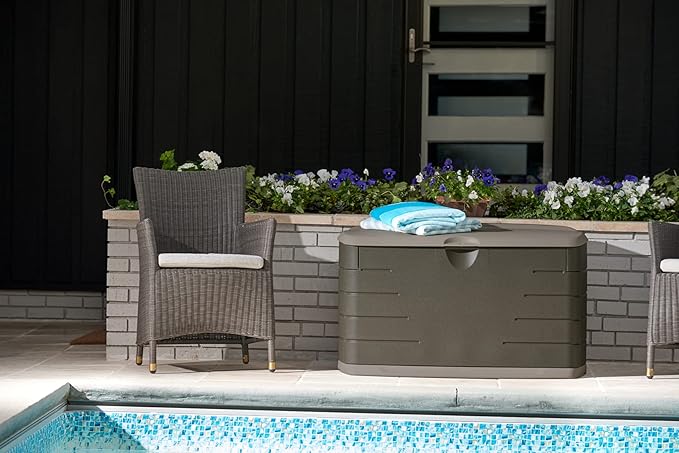 Rubbermaid Medium Resin Outdoor Storage Deck Box (73 Gal), Weather Resistant, Brown, Deck Organization for Home/Backyard/Pool Chemicals/Toys/Garden Tools/Porch/Patio Cushions Rubbermaid