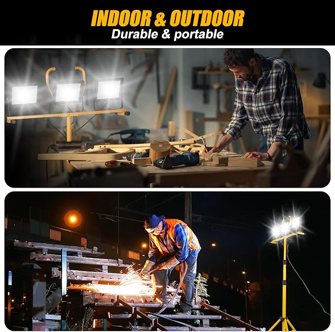21000Lumen LED Work Lights with Stand - 3 Head Portable Work Light on Stand - IP66 Waterproof Tripod Worklights for Outdoor Indoor Job Site Workshop Garage Construction Site Lighting Rootora