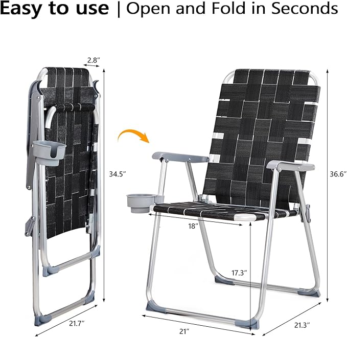 VINGLI Aluminum Patio Lawn Chairs Folding Set of 2 with Detachable Cup Holder, Webbed Beach Chair Folding Chair Outdoor Portable Camping Chair for Yard, Garden VINGLI