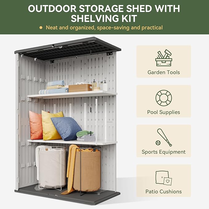 Aoxun White Resin Outdoor Storage Shed with 2 Shelves & Floor, 64 Cu.Ft Vertical Waterproof Cabinet for Garage, Pool, Bike, Garden Tools, Patio Furniture Aoxun
