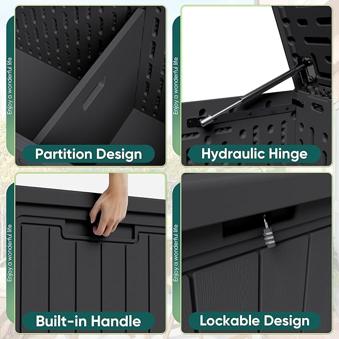JUMMICO 160 Gallon Resin Outdoor Storage Deck Box with Divider, Waterproof Storage Box&Bench with Lockable Lid for Garden Tools, Pools Supplies (Black) JUMMICO