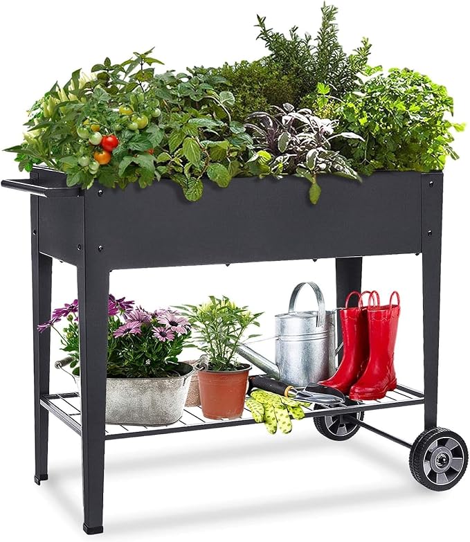 31.5" Tall Raised Garden Bed with Wheels, Extra 15.7" W Planter Box (400 lbs Loads) with Storage Shelf & Handle,Heavy Duty Metal Garden Planter for Vegetables, Herbs & Flowers, Patio & Balcony FOYUEE